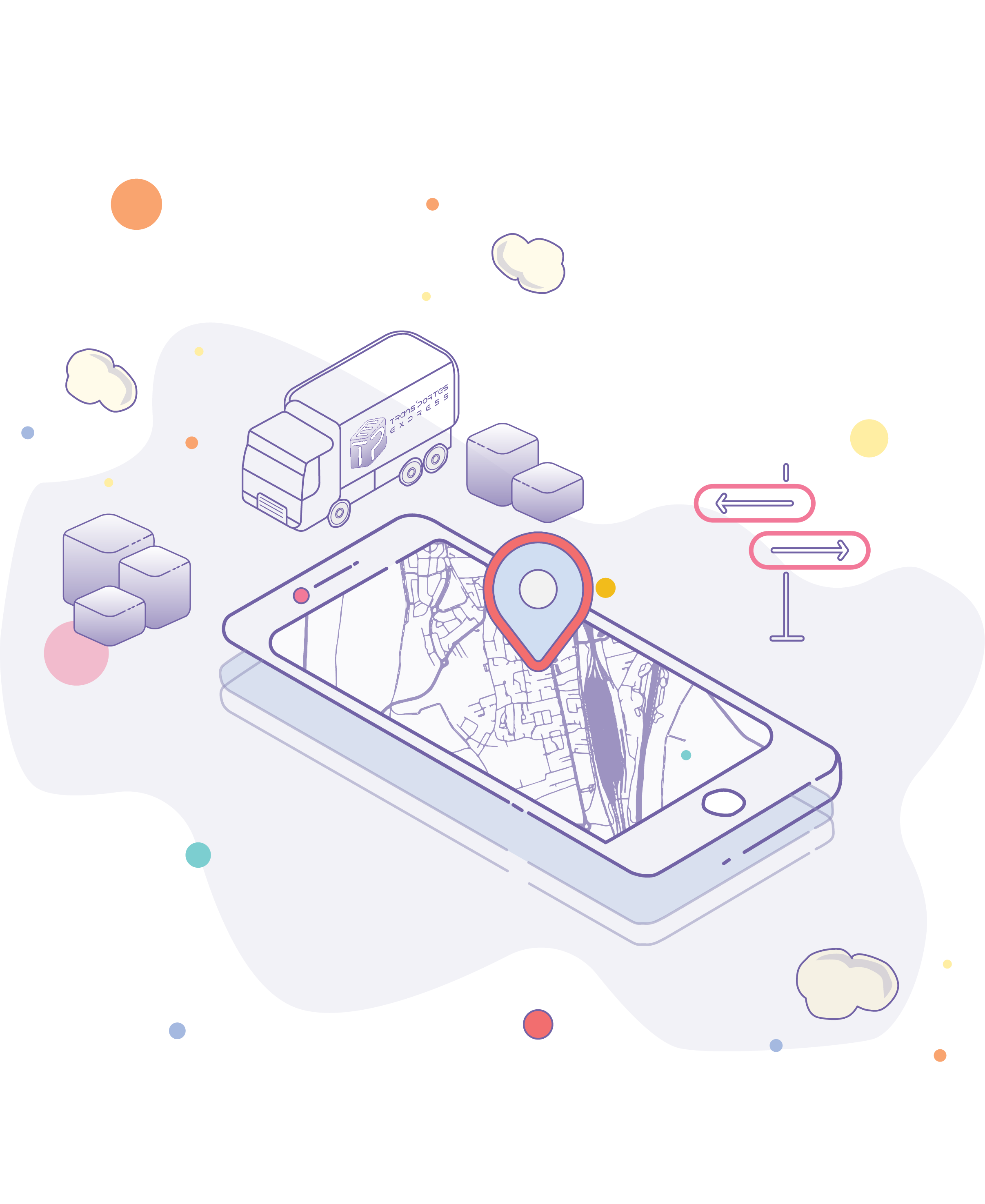Image faite par un·e graphiste talentueux montrant un smartphone ouvert sur l'application map avec son marqueur au centre. Au second plan, un camion trans'portes express, des colis et des panneaux directionnels